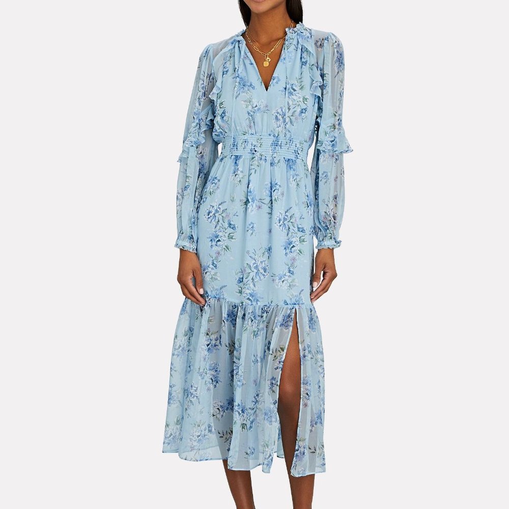 INTERMIX ARIANA FLORAL SILK MIDI DRESS